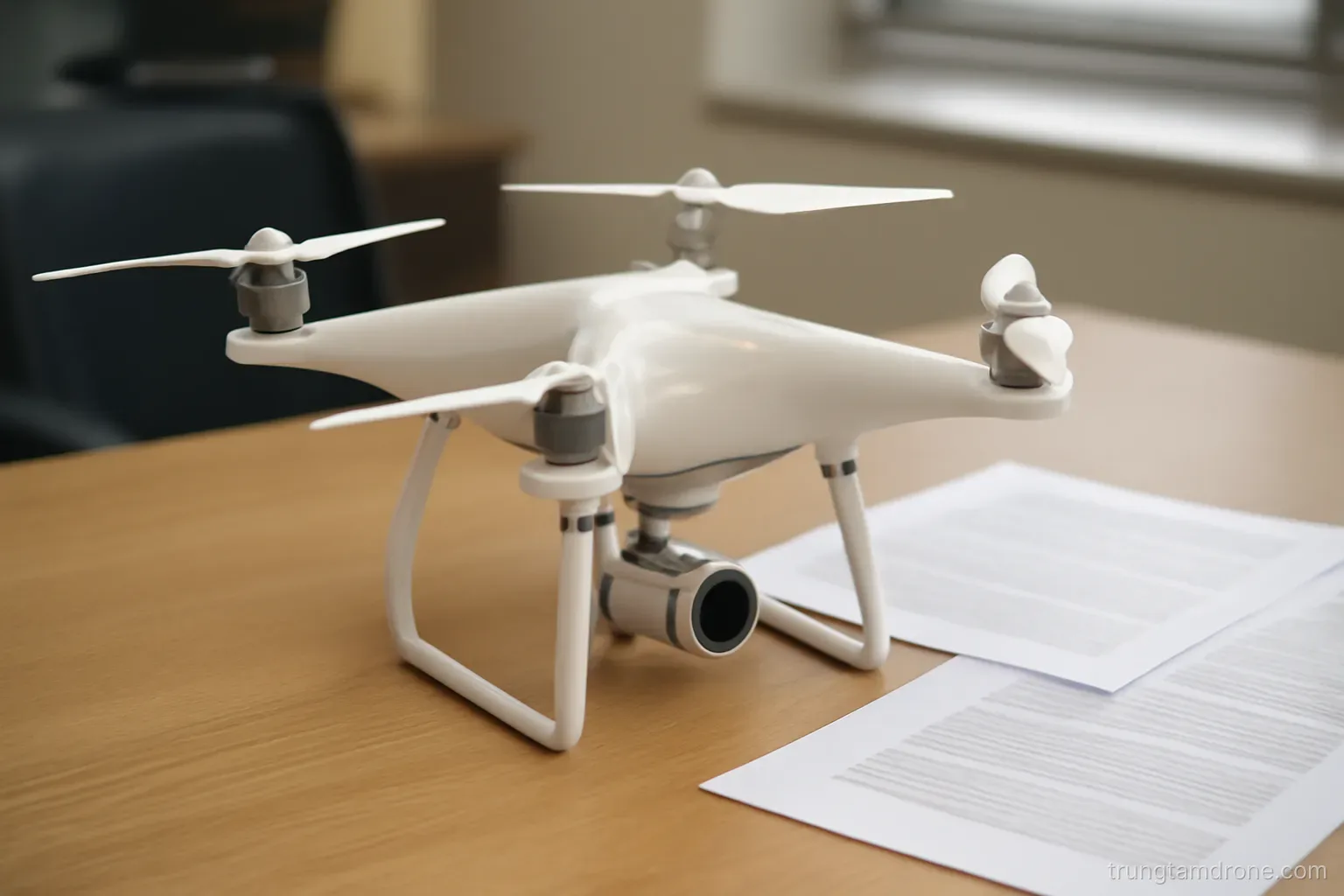 Drone và giấy tờ trên bàn làm việc