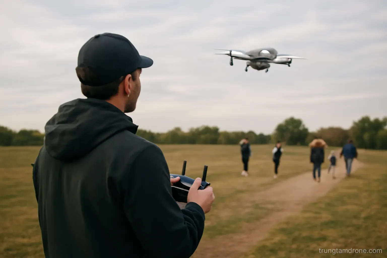 Người bay drone ở bãi trống có người đi ngang