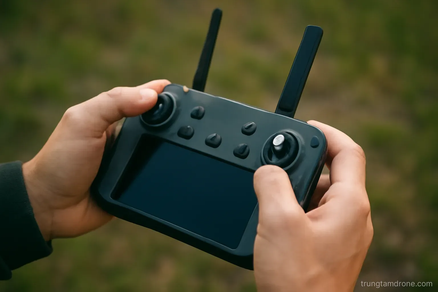 Bàn tay cầm bộ điều khiển drone