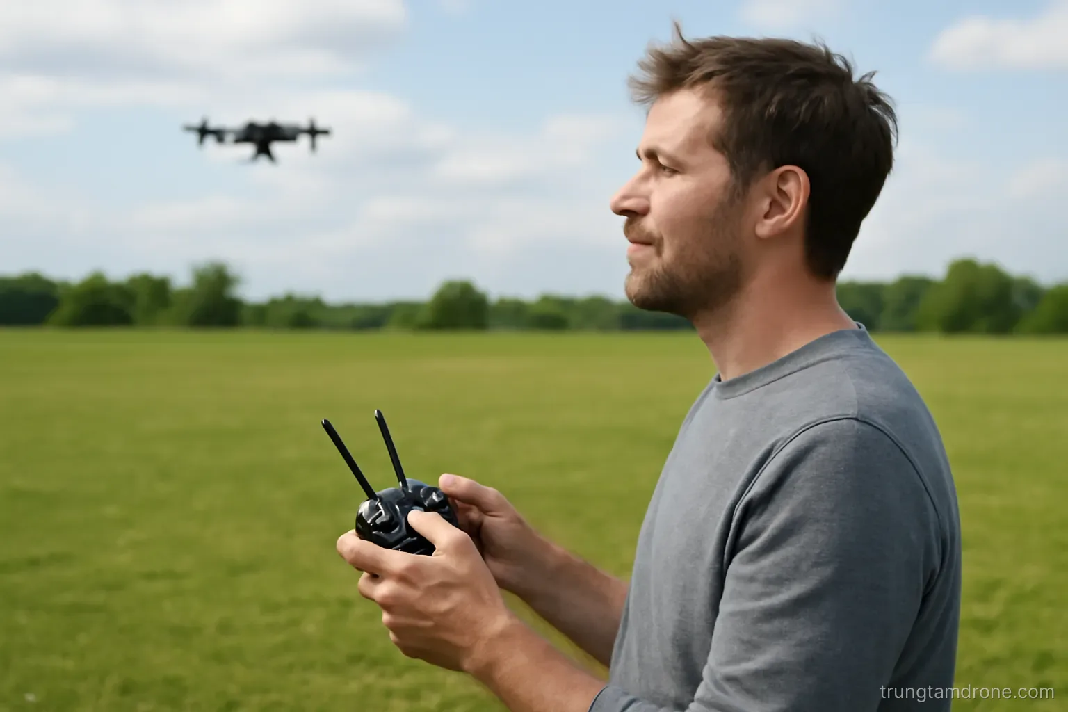 Người mới cầm bộ điều khiển drone ngoài bãi cỏ