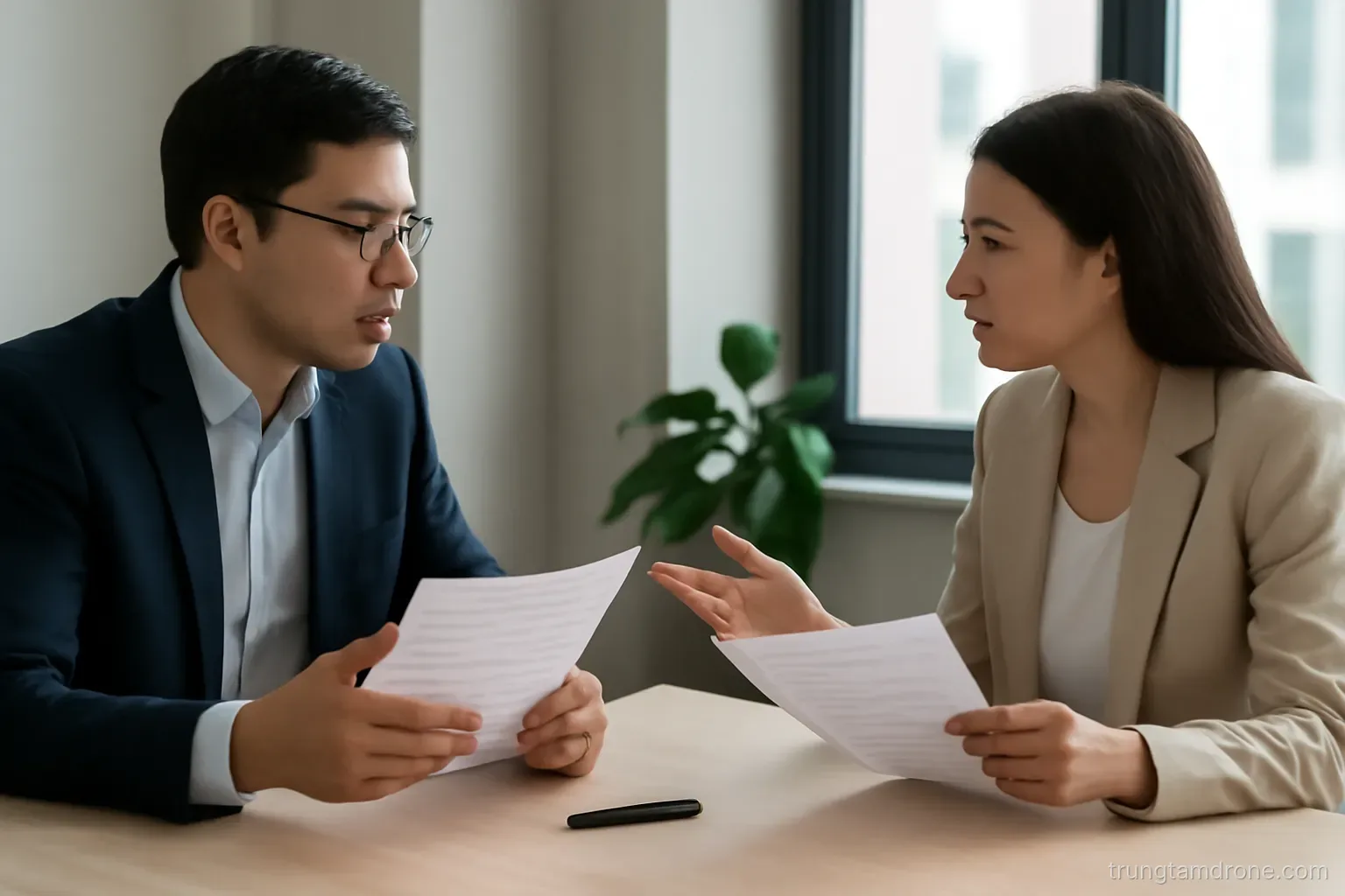 Hai người đang trao đổi giấy tờ trên bàn