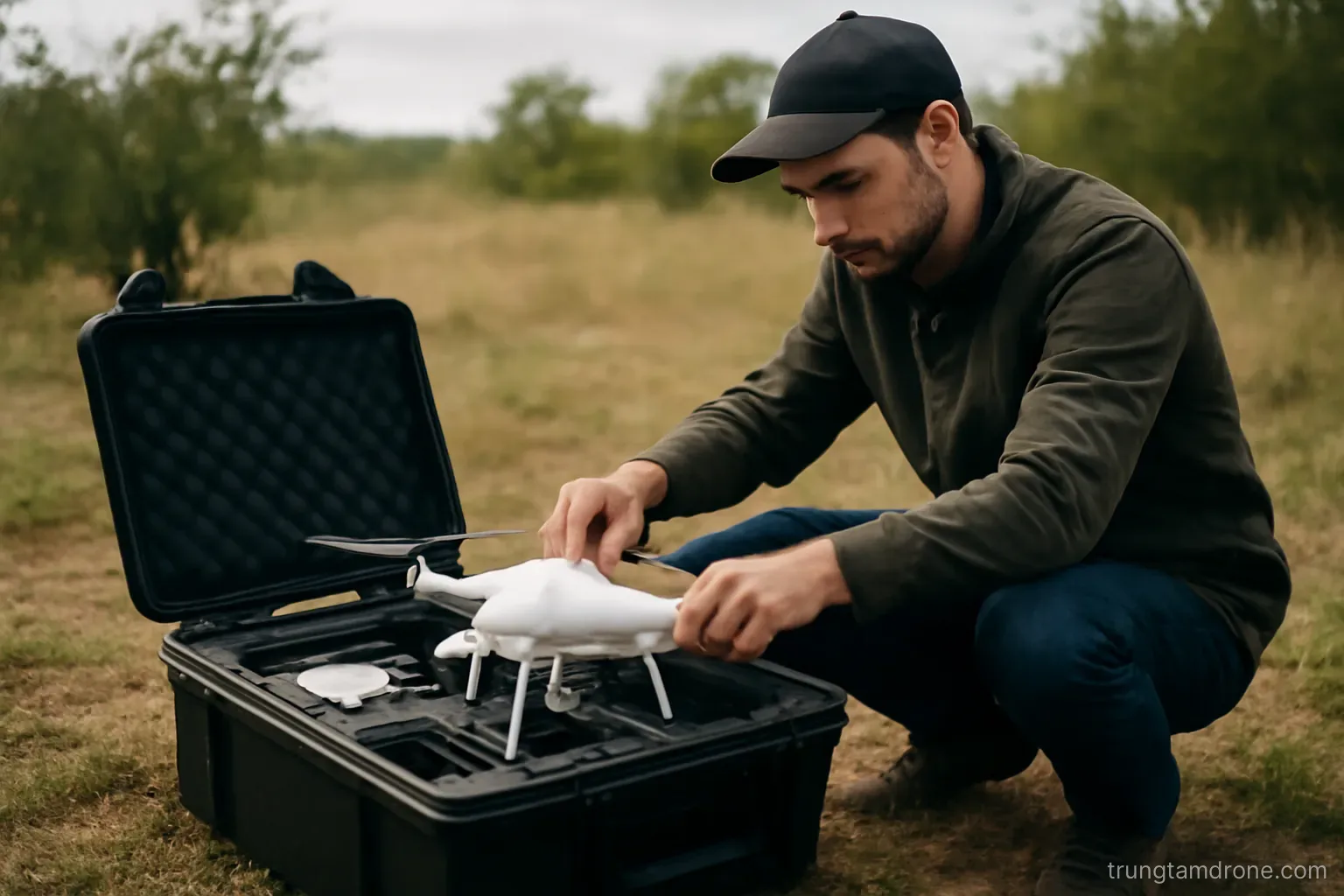 Người điều khiển drone chuẩn bị thiết bị trước buổi quay