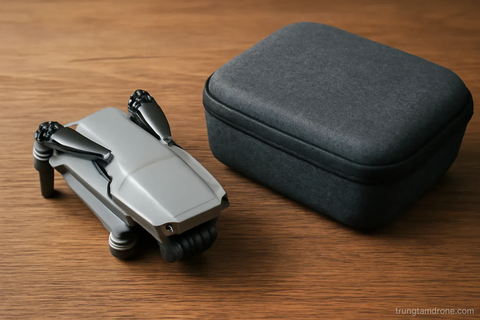Drone gấp gọn và túi đựng trên bàn