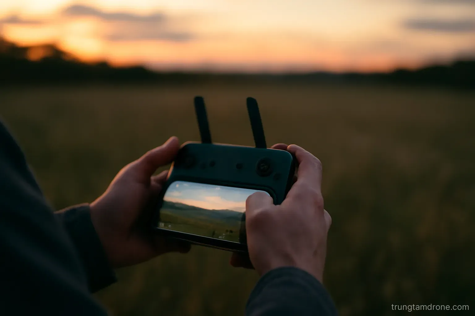 Một người cầm remote điều khiển drone, nhìn màn hình trên tay, cảnh ngoài trời chiều tối với cỏ xanh phía dưới
